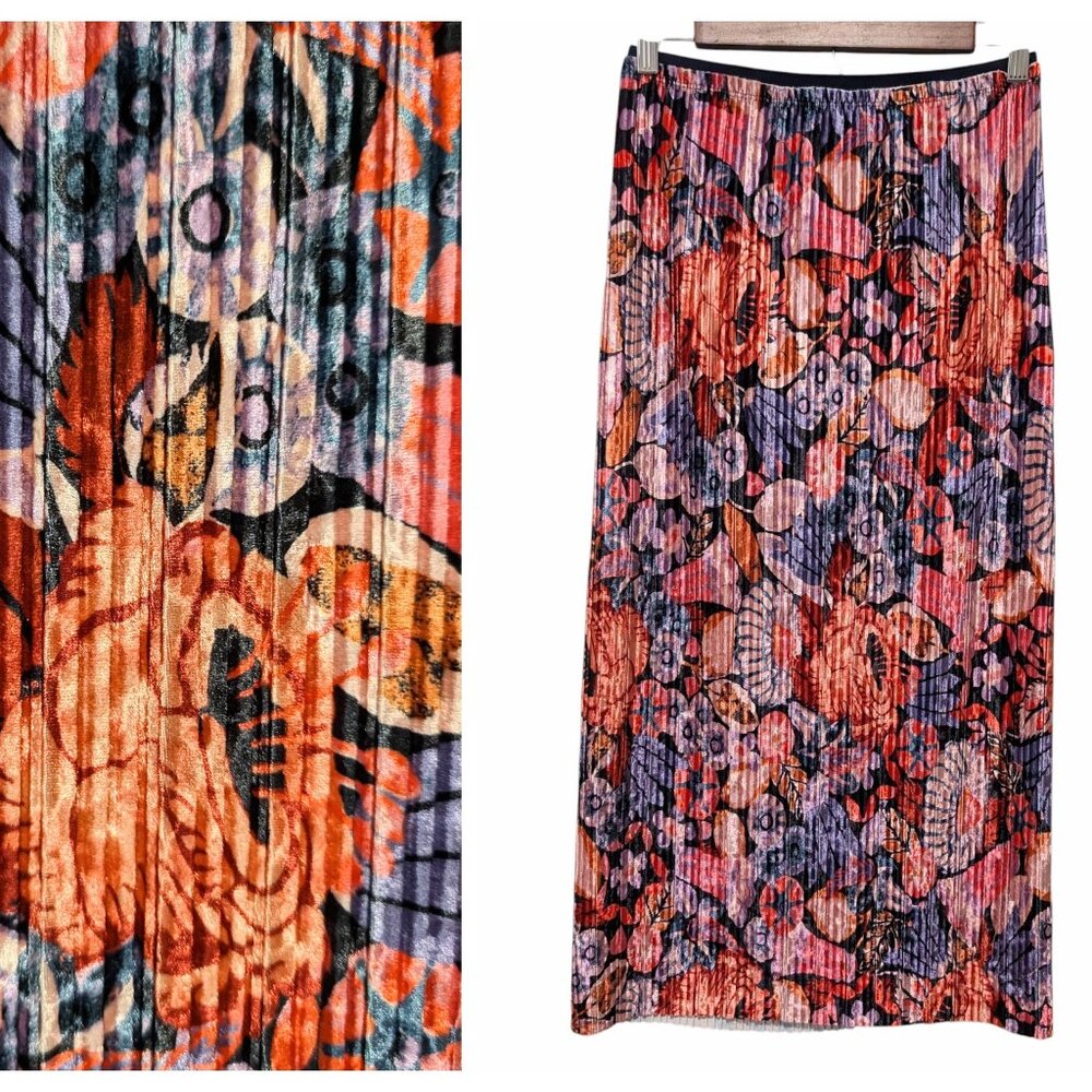Maeve Pleated Floral Midi Skirt in Orange, Purple, Black